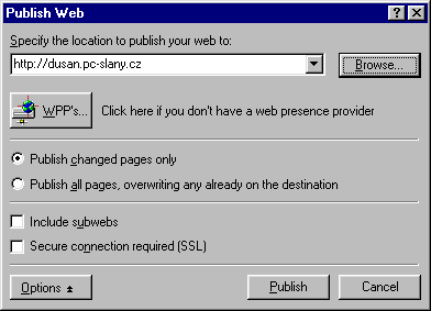 Dialog publikování webu; častěji se nahoře zadává ftp://...