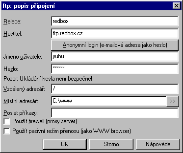 Příklad definovaného FTP připojení