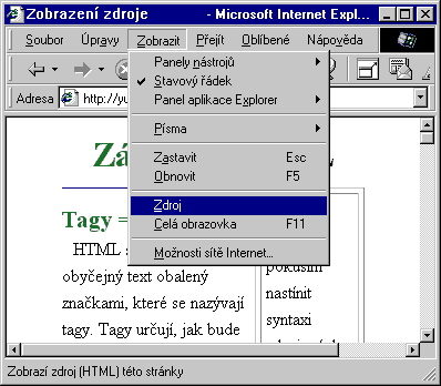 Zobrazení zdroje v Internet Exploreru